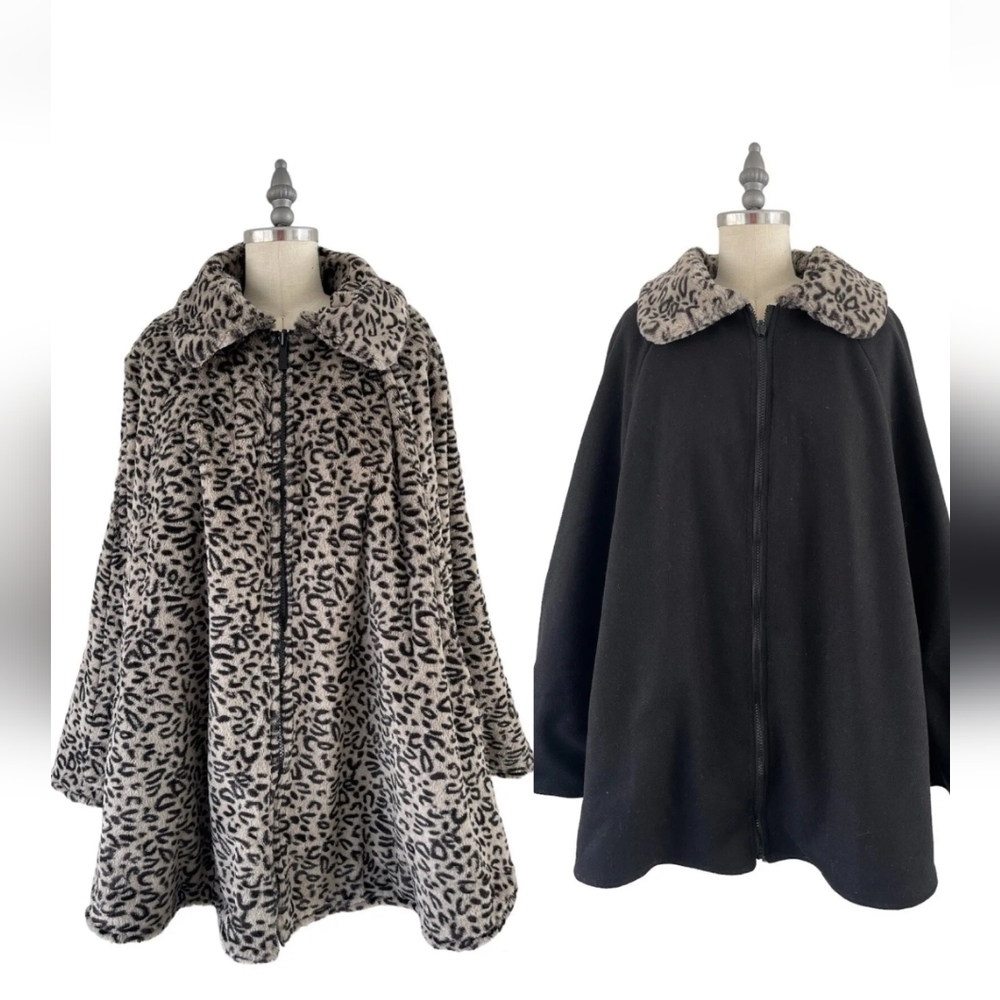 Vintage Sporto Cheetah Print faux fur Reversible Wool Cape pockets zipper Sz XL